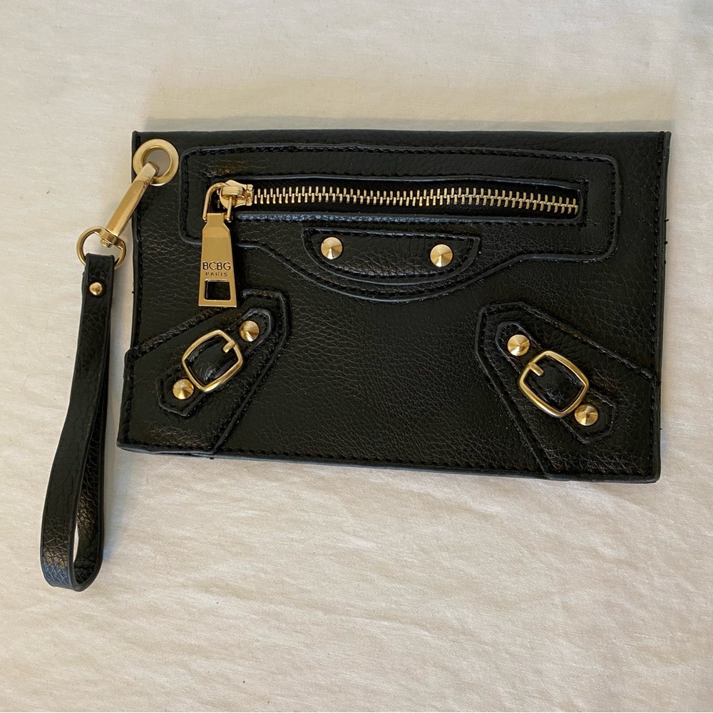 BCBG Black Leather Moto Studded Wristlet Excellent Used Condition